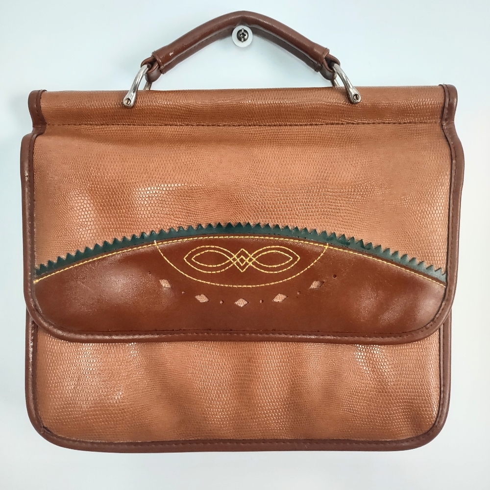 Vintage 90s Jackson Bag Faux Leather Tan Top Handle Boho Tablet Device Holder‎